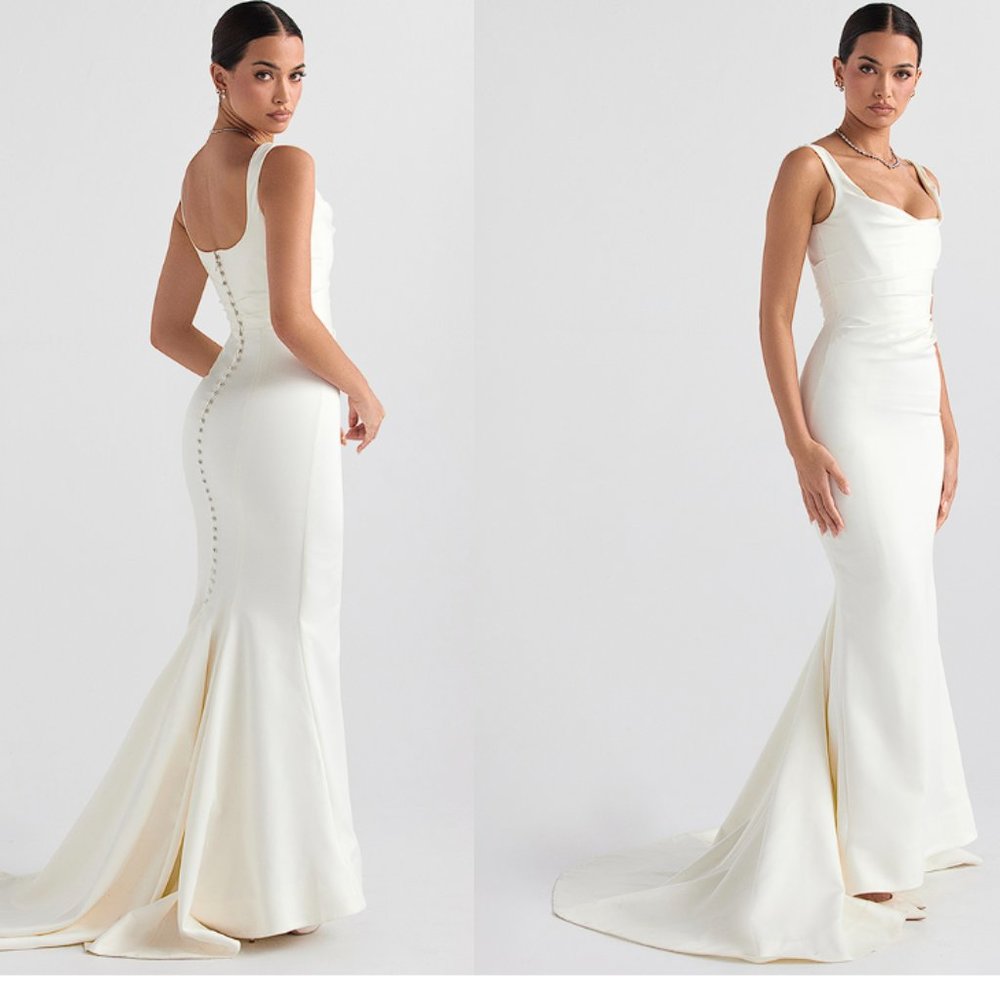 HOUSE OF CB 'Emilie' Off White Satin Mermaid Bridal Gown NWOT - Picture 7 of 16